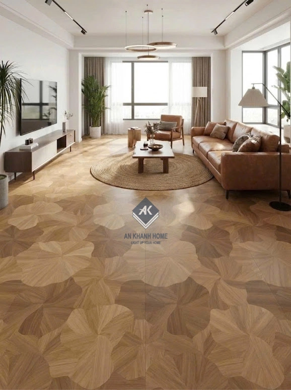 Gạch Vân Gỗ Hoạt Tiết Lá Sen ứng dụng trong phòng khách