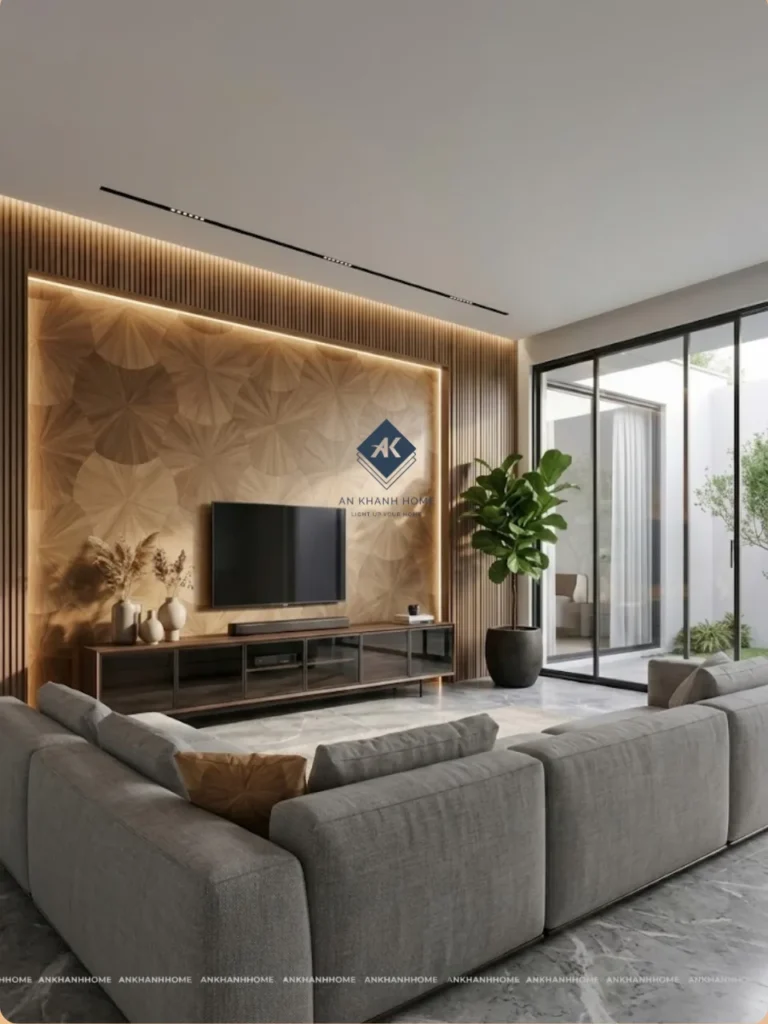 Gạch vân gỗ họa tiết lá cọ 60x120 ứng dung trong vách ti vi