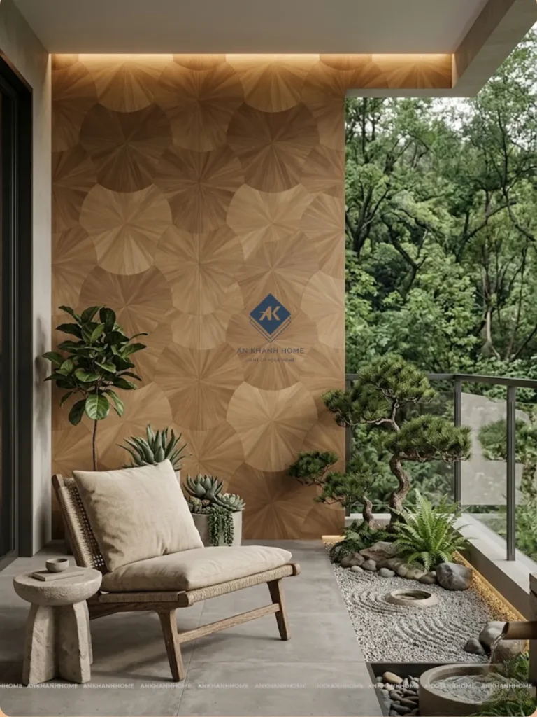 Gạch vân gỗ họa tiết lá cọ 60x120 ứng dung trong khu viên trang trí ban công