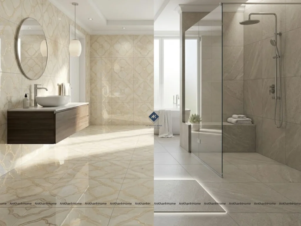 Gạch Nhám và Gạch Bóng được ứng dụng rộng rãi để lát nền phòng tắm