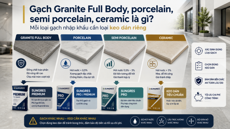 Gạch Granite Full Body, porcelain, semi porcelain, ceramic là gì? Mỗi loại gạch nhập khẩu cần loại keo dán riêng