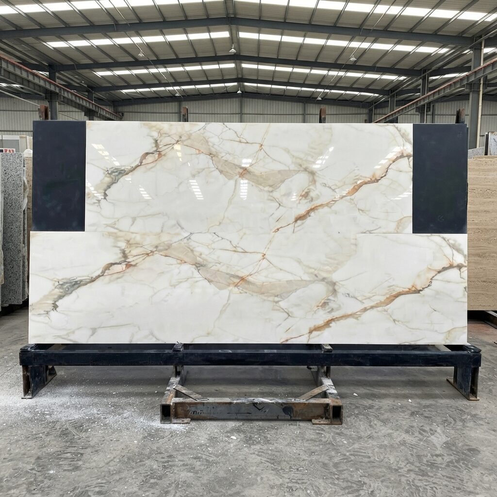 ĐÁ NUNG KẾT TRẮNG VÂN ĐÁ VÀNG BÓNG – 800x2400x15mm –  Ấn Độ